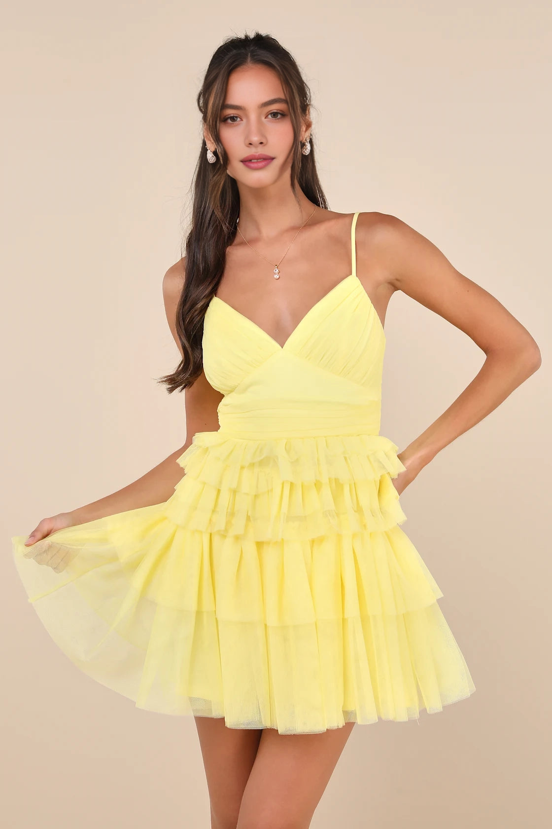 Vedress pale yellow v neck ruched tiered tulle a-line mini homecoming bridesmaid dress front view teen girls
